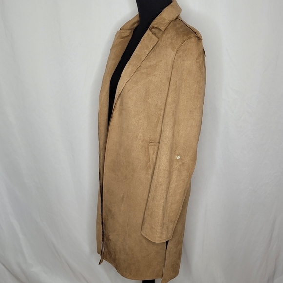 Tahari Cognac Faux Leather Open Front Roll-Tab Sleeve Long Blazer/Jacket - Sz XS - Picture 3 of 15